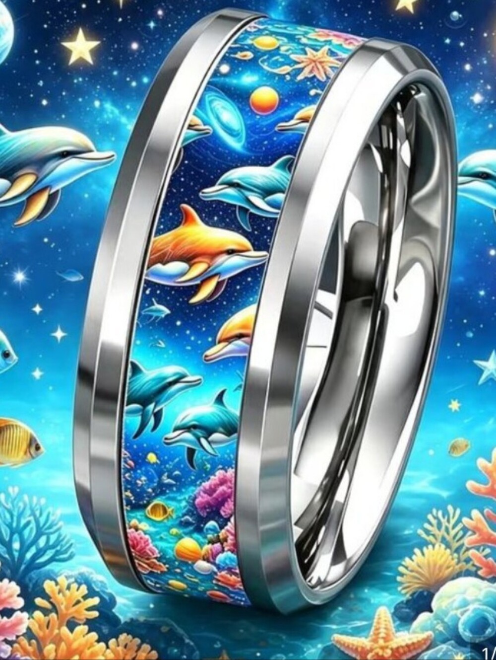 Ocean Dolphin Stainless Steel Pet Fish-Themed Ring - Size 7